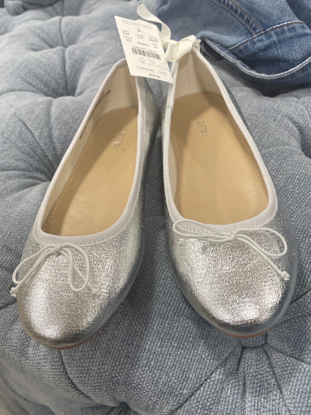 J. Crew Girls' Silver Metallic Ballet Flats with Bow Trim